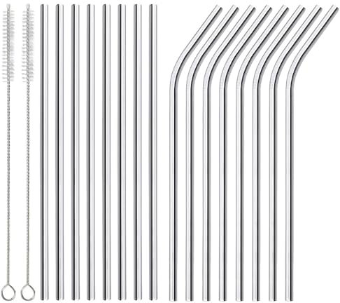 16-Pack Stainless Steel Straws | 8 Straight + 8 Bent Reusable Straws | for Smoothies, Hot Drinks & Cocktails - Including 2 Brushes