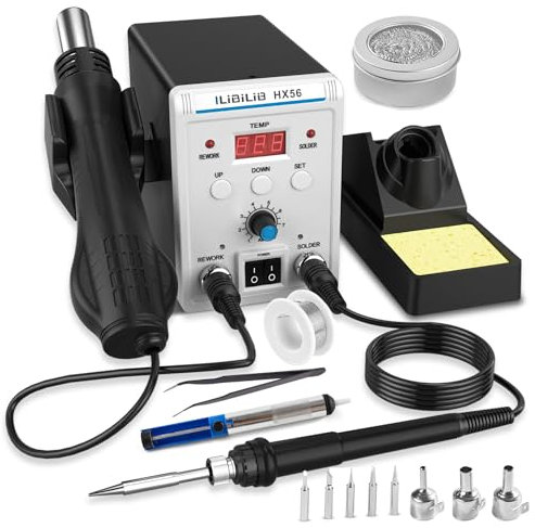 Estación de soldadura, ILIBILIB - Estación de soldadura y aire caliente 2 en 1 SMD de 60 W, estación de soldadura con pantalla digital y 5 puntas intercambiables, alambre de soldadura, boquillas