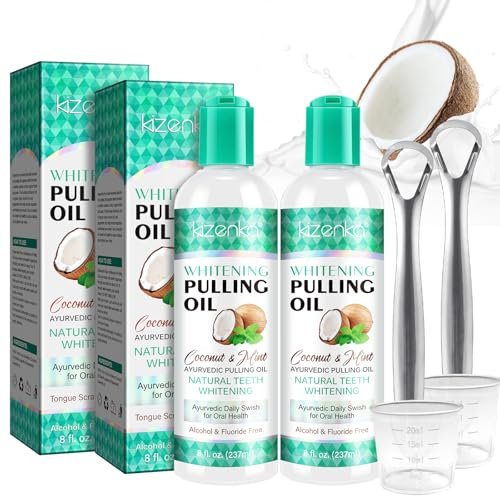 2 Pack Coconut Pulling Oil, Mint Oil Pulling Mouthwash with Tongue Scraper, Natural for Teeth Whitening, Fresh Breath, with Coconut & Peppermint Mouthwash