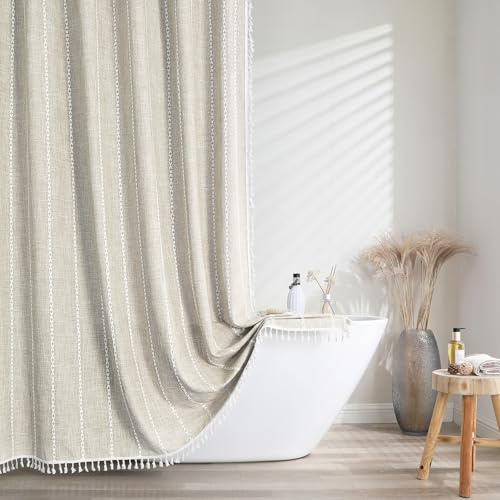 meioro Gestreifter Duschvorhang Boho Bauernhaus Duschvorhänge, Leinen gewebter Stoff Textil Duschvorhang Set mit 12-Haken, Wasserdicht Rustikale Böhmische Duschvorhange für Badezimmer(Beige,183x198cm)