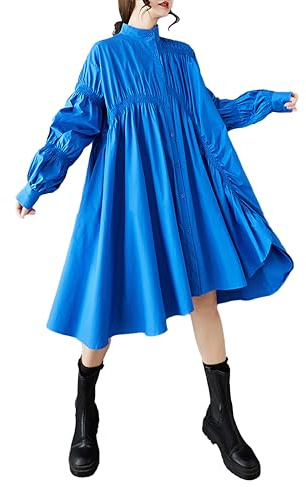 ellazhu Robe-Chemise Femme Unie Boutonnée Manches Longues Col Montant Ourlet Asymétrique Décontractée Ample GZ444 Bleu