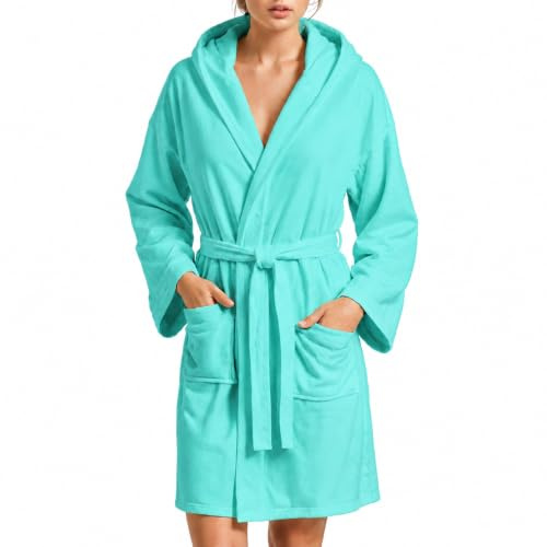 Bröst - Badrock, Microfiber Badrock, Herrmorgonrock, Dammorgonrock, Unisex Badrock med Fickor med Huva och Bälte, Tiffany, S