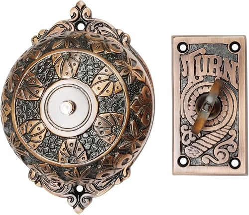A29 Victorian Twist Doorbell, Antique Copper Finish, Solid Brass, Vintage Doorbell for Homes with Manual Hand Turn Chime, Decorative Classic Design - Easy DIY Install, No Wiring Required