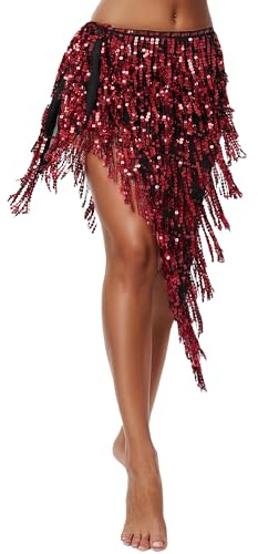 SEAUR Pañuelo para danza del vientre para mujer, con lentejuelas, bailarina del vientre, borla, toalla de cadera, samba, chacha, rojo, Talla única