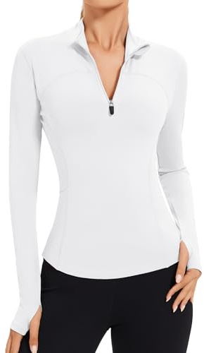 IECCP Women Activewear Long Sleeve Sports T Shirt Workout Running Hiking Top 1/4 Zip Gym Tops with Thumb Holes, Side Pockets for Yoga, Running White L