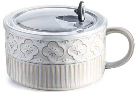 Extra Large Soup Bowl with Handle, 39 Ounces Microwave Ramen Bowl, Ceramic Bowl with Lid, 6 Inch Soup Mug Cup for Ice Cream, Cereal, Ramen, Instant Noodle, Fruits, Mothers Day Gifts, Beige White