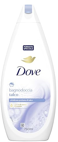 Dove Docciaschiuma Talco, Formula con Idratante Dermo-Naturale, con 1/4 di Crema Idratante, Dermatologicamente Testato, Bagnoschiuma Uomo e Donna, 100% Bottiglia Riciclata* 750 ml
