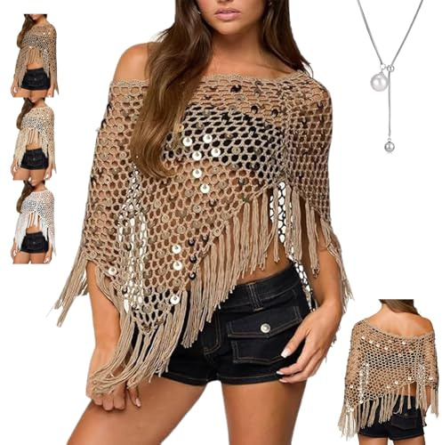 Genérico Poncho de Ganchillo con Flecos y Lentejuelas, Top de Poncho con Lentejuelas for Mujer, Top de Poncho Transparente de Punto Ligero, Encogimiento de Hombros for Playa(Caqui)