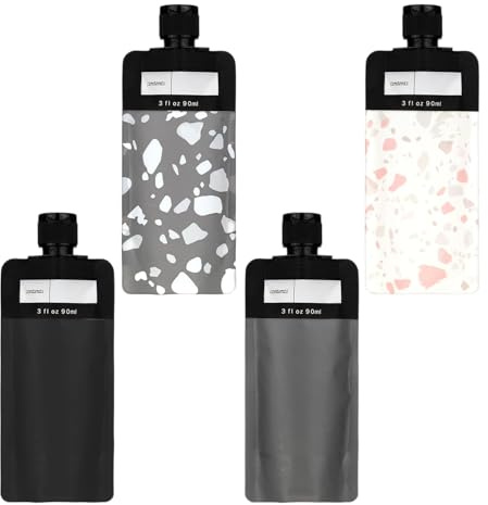 4 Piezas Botellas de Viaje para Artículos de Aseo, 90ml Bolsa de Apretón Rellenables, Contenedores de Viaje a Prueba de Fugas, Bolsas Vacías para Champú, Acondicionador, Loción y Más (A)