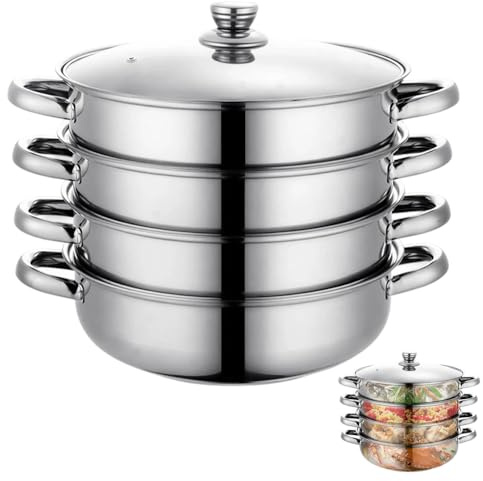CEWROM Vaporera para cocinar – Vaporera de acero inoxidable de 28 cm con inserto de vapor, olla de cocción lenta de 3/4 niveles con tapa de cristal, olla de cocción al vapor, verduras y albóndigas