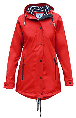 MADSea Damen Regenmantel Friesennerz 620 | halblanger wasserdichter Regenparka | winddicht mit maritimen, weiß/blauen Innenfutter, Rot, Größe:44