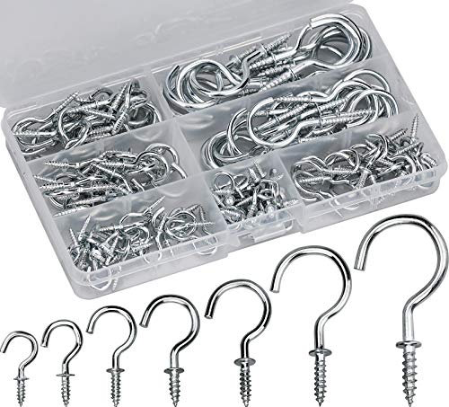 150 Stück Schraubhaken Edelstahl Hakenschrauben Holzgewinde Haken zum Schrauben Metall Vernickelt Eindrehhaken Cup Haken Deckenhaken Metallhaken 7 Größen