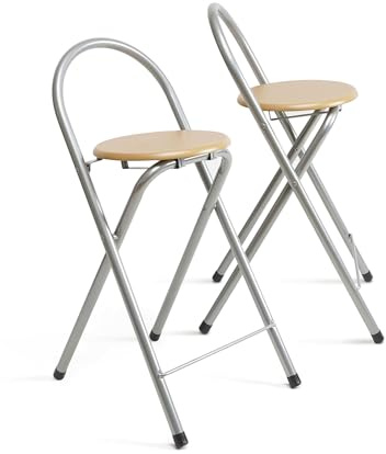 THE SECRET HOME - Pack de 2 Taburetes Plegables de Cocina - Asiento Plegable de Metal y Madera - Taburete Apto para Interior y Exterior (Alto: 80 cm x Largo: 40 cm - Madera Natural/Plateado)