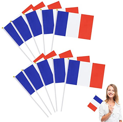 Lot de 10 petits drapeaux français avec baguette en plastique, mini drapeau français de la France, drapeau national français pour célébrer la Coupe du monde 14 x 21 cm