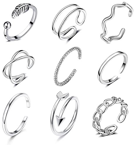 GHYUI Ringe Frauen Set Silber,Verstellbare Ringe Ring Schmuck Boho Niedliches Minimalistischer Vintage,Fingerringe Knoten Wellen Stapelbar Statement Modeschmuck Ringe Set für Damen Mädchen 9PCS