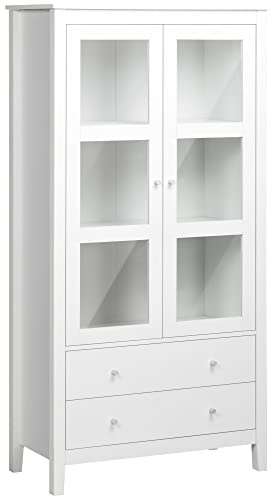 HOMCOM Vitrina de Salón Aparador de Cocina con 2 Puertas de Vidrio Templado 3 Estantes 2 Cajones y Bisagras de Cierre Suave para Comedor Oficina 80x40x160 cm Blanco