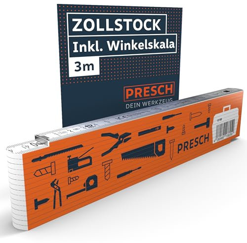 PRESCH Mètre pliant 3m avec échelle d'angle - Bois - Orange - Pliable - Nombres grands et très lisibles - Encliquetage précis - Mètre en bois, Mètre rigide, Mètre à branche, double mètre