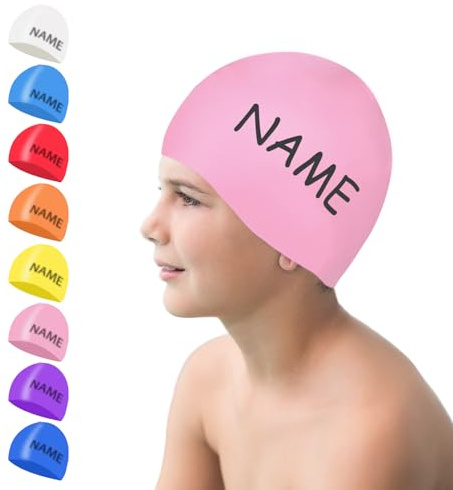Badekappe Kinder mit Namen Badekappe Mädchen Lange Haare Schwimmkappe für Damen Jungen Herren NGTSFLY Individuell Schwimmhaube für Erwachsene, Badehaube mit Wunschnamen