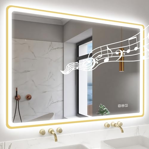 STARLEAD Badrumsspegel med belysning och bluetooth, 100 x 70 cm, gyllene spegel, imfri, 3 färger ljus, dimbar, IP44, härdat glas, horisontell/vertikal, icke-metallram