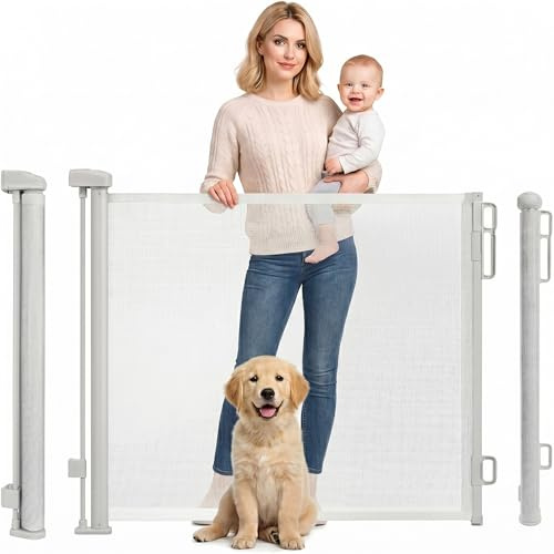 Rainberg Retractable Stair Gate for Baby & Pet with Secure 2-Step Lock 150cm Wide & 80cm Tall, One Hand Operated Baby Gate, Child Safety Gate for Doorways Stairs, Hallways, Kitchen (White)