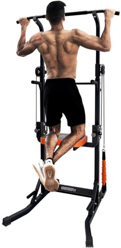 ONETWOFIT Power Tower pieghevole Dip Station Barra per trazioni, Regolabile in altezza Multifunzione stazione di potenza per la Palestra di casa Allenamento della Forza Attrezzatura per Il (Black-6)