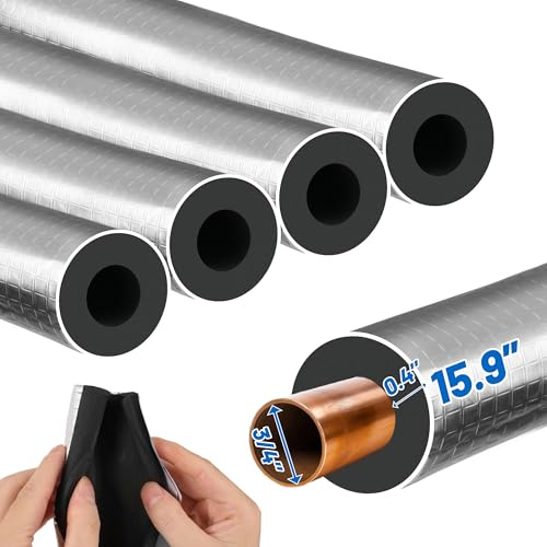 HolyMaji 4 Pack Pipe Insulation Foam Tube - 3/4 ID Pre Slit Foam Pipe Covers with Aluminum Foil Self Adhesive Pipe Insulation Wrap for Outdoor Spigot Outside Water Pipe Winter Freeze Protection