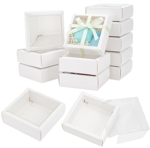BENECREAT 20 st genomskinliga fyrkantiga papperslådor med klart PVC-fönster, 8,5 × 8,5 × 3,5 cm presentförpackningslåda i papper för bröllopsgåva, festivalgåva, choklad, kakor, små hantverk
