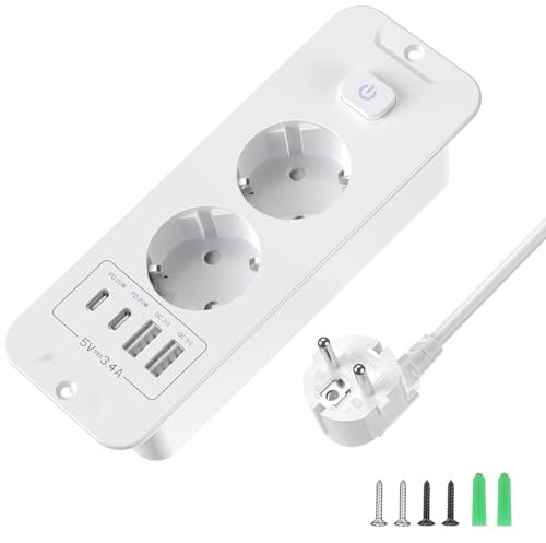 Versenkbare Steckdose 2 Fach mit 2 USB-A & 2 USB-C (PD 20W), Einbausteckdose mit Schalter & 2m Verlängerungskabel – Tischsteckdose für Schreibtisch/Büro - Weiß