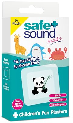 Safe & Sound Children’s Fun Plasters – 16 Pack – Washproof, Hypoallergenic, Sterile Plasters with 4 Animal Designs – Soft and Flexible for Sensitive Skin