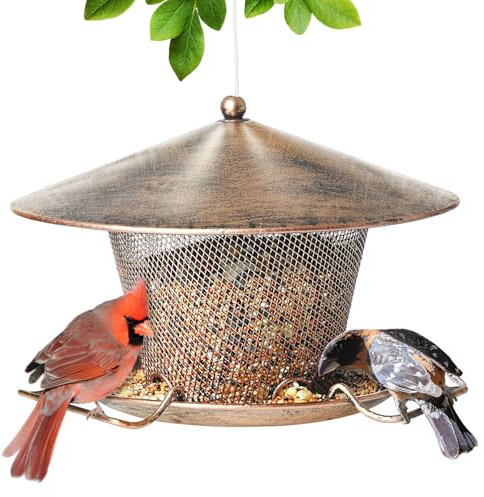 IWTTWY Bird Feeder Hanging, Squirrel Proof Bird Feeders for Outdoors and Garden, Heavy Duty Metal Wild Bird Seed Feeder with 9.8 Roof, 3 LBs Seeds Capacity, Weatherproof Yard Decoration