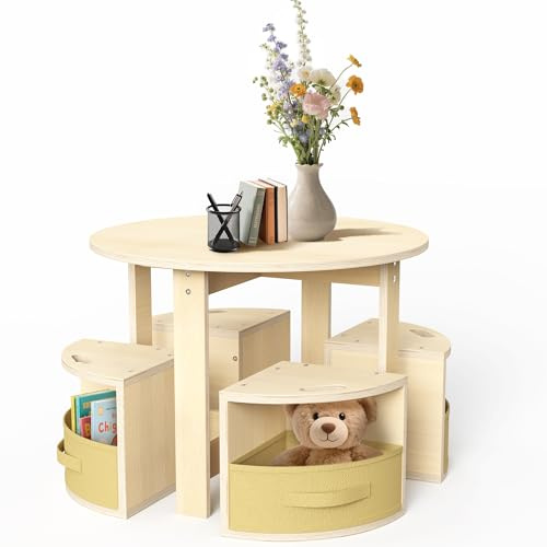 bbgroundgrm Toddler Table and Chair Set with 3 Storage Stools, Round Shaped Nesting Design, Kids Activity Table for Play/Art/Reading/Craft, Natural