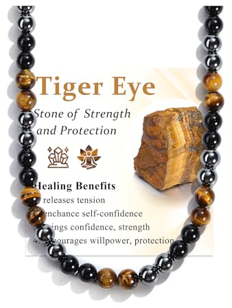 CrystalTears Mens Necklace Crystal Gemstone Beaded Necklace for Men, Tiger Eye Hematite Black Obsidian Stone Beads Necklaces Men’s Jewellery Gifts for Boyfriend Dad Husband Son Christmas Birthday