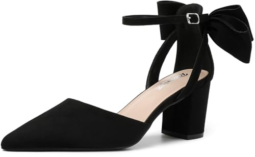 RIBONGZ Wedding Bridal Black Suede Shoes for Women Chunky Block Heel Pumps Closed Pointed Toe Heels with Elegant Bow Knot Comfort Evening Party Prom Office Shoes Size 10.5