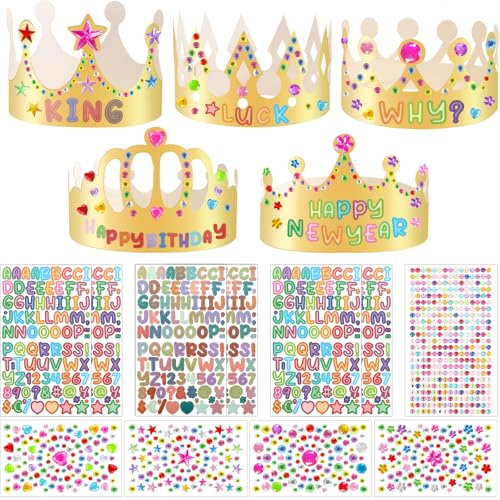 Draupnir 15 Piezas Coronas de Papel Doradas, 5 Piezas Pegatinas Diamantes Imitación y 6 Piezas Número Alfabeto Pegatinas, DIY Sombrero de Corona Kit para Fiestas de Cumpleaños