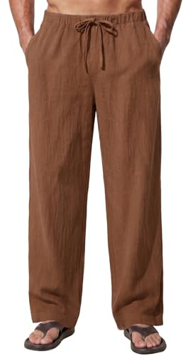 Enlision Trousers Men Linen Brown Lightweight Casual Trousers Men Summer Drawstring Elastic Waist Pants with Pockets Beach Loose Fit Comfortable, L