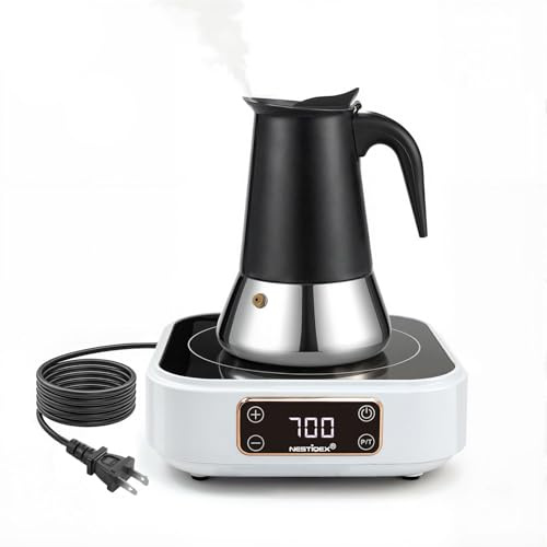 Moka Pot Coffee Maker 4 Cup with Mini Induction Cooktop - Stainless Steel Stovetop Espresso Maker Set 700W 120V Portable Burner for RV Travel Kitchen
