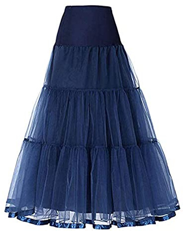 Alunsito Women's Mesh Skirt Long Tulle Pleated A-Line Dress Solid Color Skirt Floor-Length Petticoat Elastic Waist Tutu Long Skirt For Formal Prom Party, Navy Blue, Small/Medium