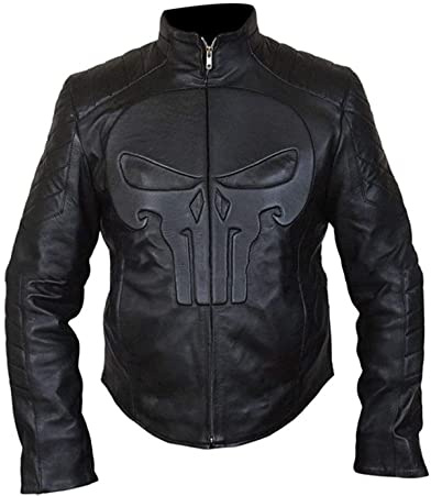 The Punisher Skull Design Vintage Café Racer Cuir Noir | Frank War Zone Veste de motard en cuir, Noir – Cuir synthétique., XXXL