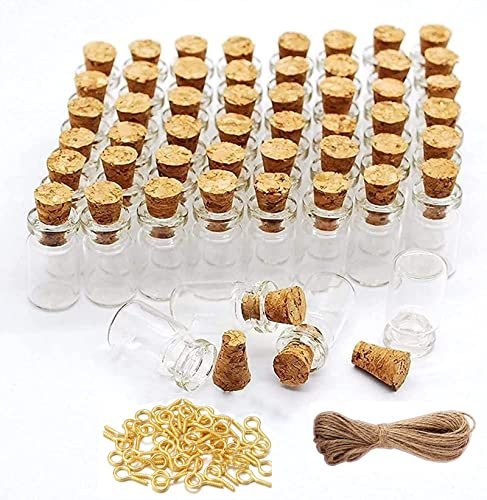 Minsily 100 mini piccole bottiglie di vetro da 0,5 ml con tappo in sughero, spago da 20 metri, flaconcini in vetro trasparente con viti a occhiello, bottiglie con tappo.