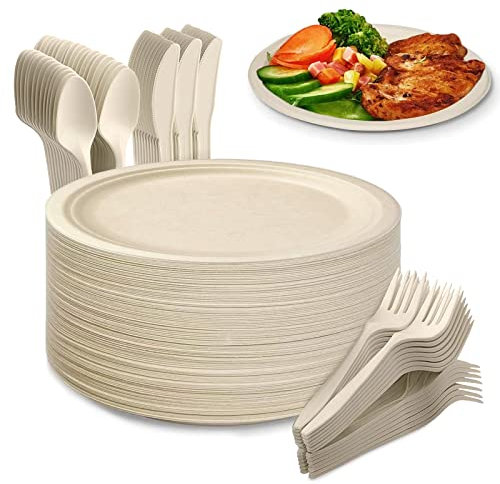 Yidaxing 200Pcs Assiettes Jetables en Canne à Sucre en Biodégradables, Vaisselle Écologique, Grande Assiette Fourchettes Couteaux Cuillères pour Fête Camping et Pique Niques (22.8cm Couleur du Bois)