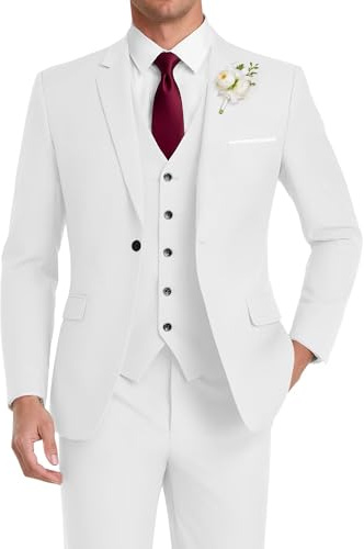 HUUTOE Costume 3 pièces élégant pour mariage, bal de fin d'année, affaires, blazer à un bouton, veste gilet et pantalon, smoking, pour homme, personnalisable, blanc, Taille S