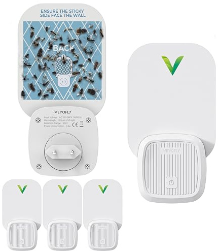 VEYOFLY Trappola Insetti Volanti, Cattura Insetti, Trappola Mosche da Interno, Casa Sicura, Trappole Moscerini, Tarme, Zanzare, Luce Antizincheche Insetticida Spina (4 Dispositivi + 12 Carte Adesive)