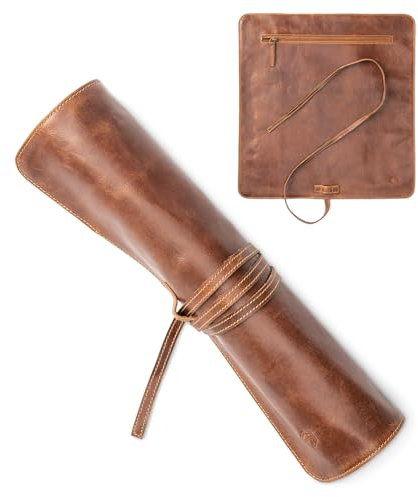 Angus Stoke Messertasche Leder für Köche | Premium Kochmesserrolle groß | Messer Tasche für Kochmesser mit extra Fach & Reißverschluss | Kochtasche Nils (Mahagoni)