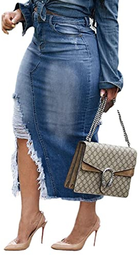 Midi Jean Skirt for Women Ripped Long Denim Skirts with Slit Pockets High Waisted Stretch Frayed Raw Hem Blue XL