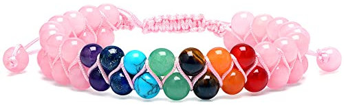 XIANNVXI Rosenquarz Perlenarmband Chakra Armband Edelsteine Armband Damen Herren Natürliche Heilsteine Kristalle Double Layer Verstellbare Seil Freundschaft Armbänder