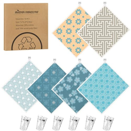 Needbrock 6 Pack Swedish Dishcloths for Kitchen, Geometric Pattern Swedish Rags Dish Towels with Clips, Reusable Paper Towels Washable Absorbent for Home Housewarming Cleaning Easter Gifts for Women