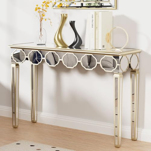 Artloge Mesa Consola de Espejo Cristal Entrada: Mesa Auxiliar de Vidrio Plateado Moderno Ovalado para Salón Pasillo Recibidor, 120 x 35 x 76 cm