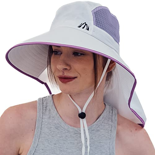 AHAHA Cappello da sole da donna, con bordo largo, protezione solare, cappello estivo da donna, UPF50, cappello da pescatore con grande patta per il collo, bianco, Taglia unica