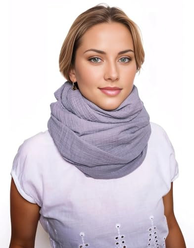 Scandi Linen Musselin Loop Schal Damen, Schlauchschal, Schlauchschal Damen, Musselin Schal Damen, Loop Schal Damen Sommer Leicht, Loop Schal (Grau)