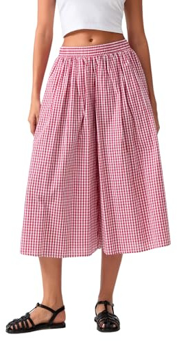 FeMereina Pantalones de algodón y lino para mujer, cintura elástica, a cuadros, pierna ancha, capri palazzo, pantalones capri a cuadros con bolsillo lateral, rosso, XS